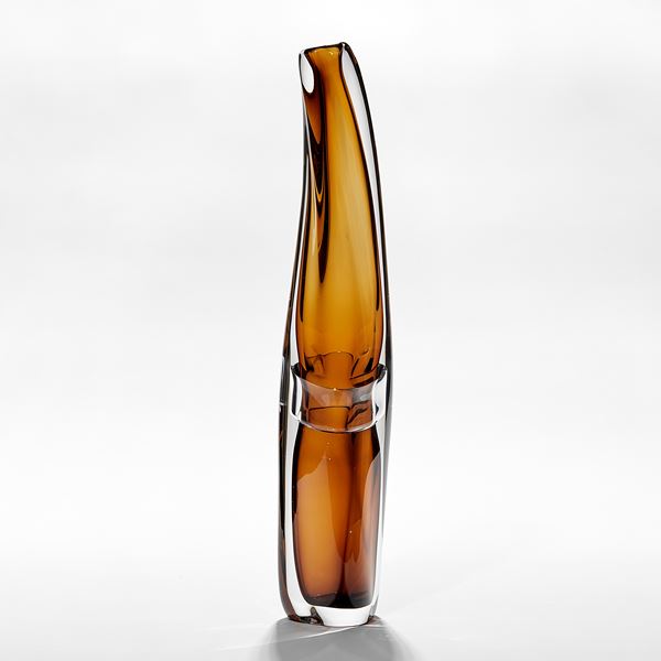 tall clear with inner core in transparent amber brown amorphous vase hand made from glass
