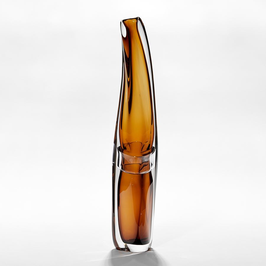 tall clear with inner core in transparent amber brown amorphous vase hand made from glass