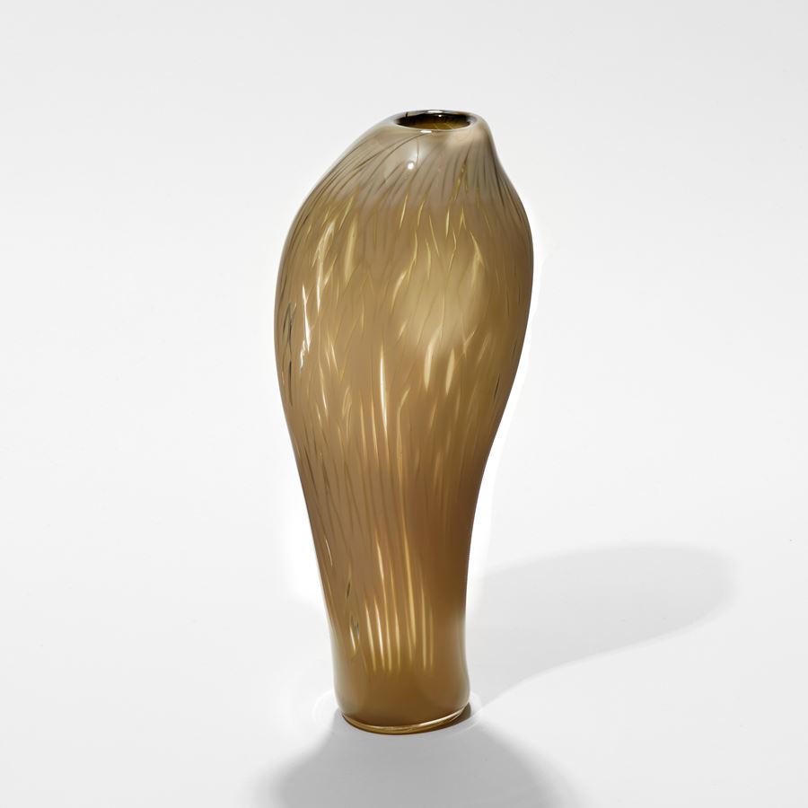 fawn ochre brown tall bulbous topped vase with soft feathered surface pattern hand made from glass