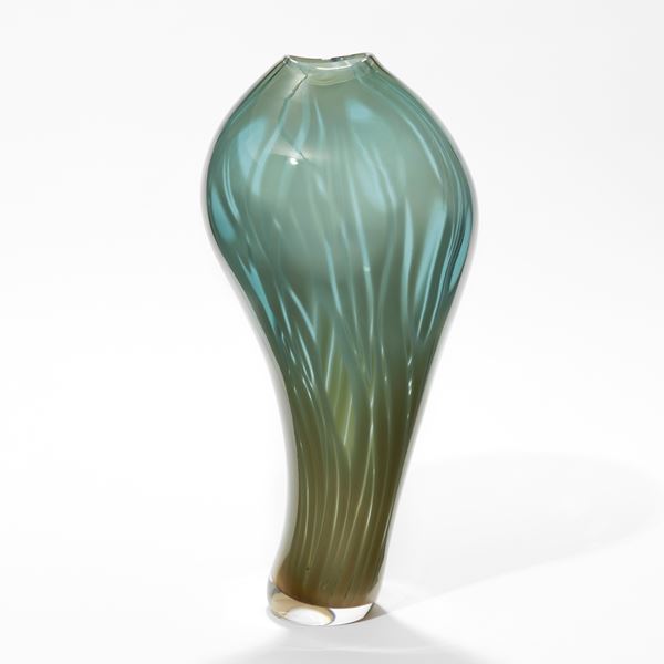 asymmetric olive and jade tall curved with bulbous top vase with soft feathery surface decoration hand blown from glass