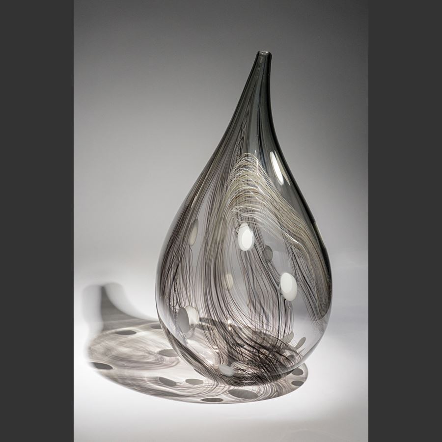 transparent grey and bronze with opaque white dots teardrop shaped vase hand blown from glass