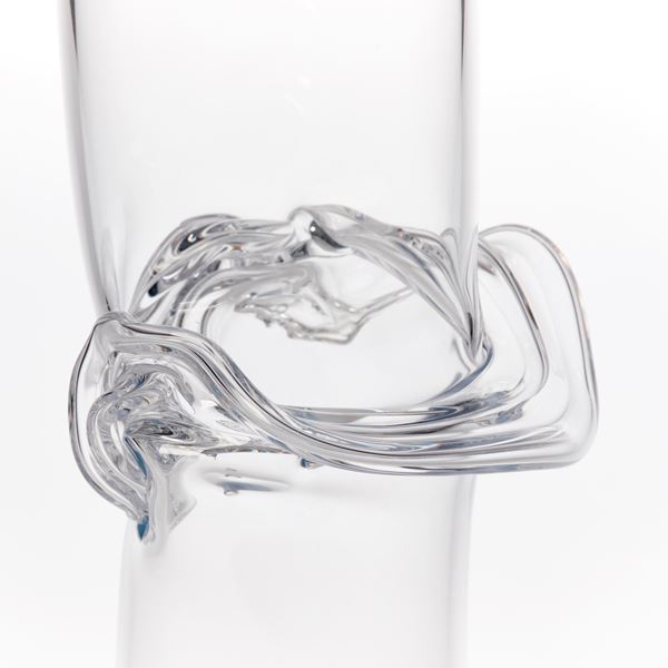 hand blown clear glass sculptural cylinder with flared rippling joint section one fifth from the top edge