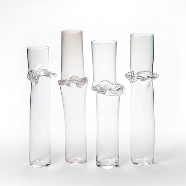 hand blown clear glass sculptural cylinder with flared rippling joint section one fifth from the top edge