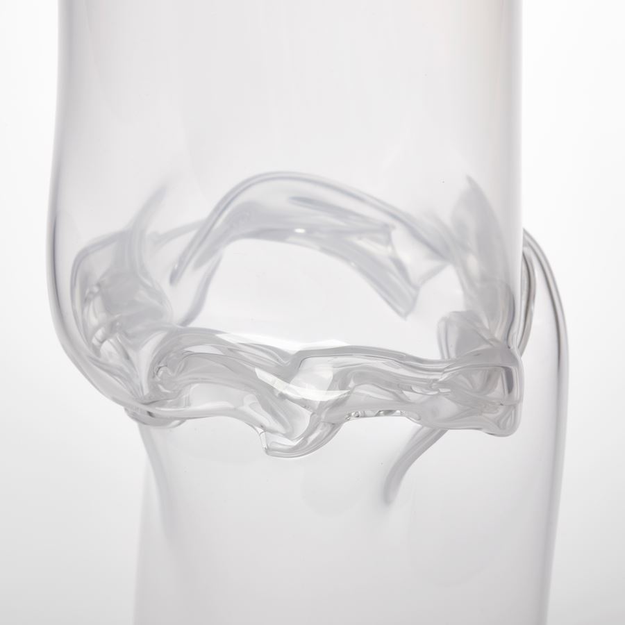 hand blown clear cylinder with offset upper section and mid way rippling and flared waisted joint section