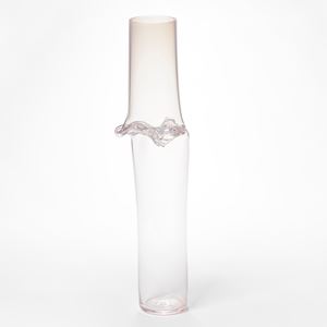 ethereal soft pink fading from transparent to slightly opaque tall cylinder with collapsed rippled waist section hand made from glass