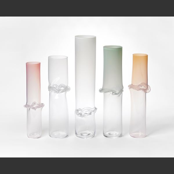 ethereal apricot and transparent sculptural cylinder with central ripping flared waist hand made from glass