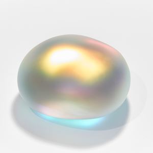 round shimmering pebble with smooth surface and inner trapped  shimmering myriad of colourful hues as if emitting light and colour from within handmade from glass