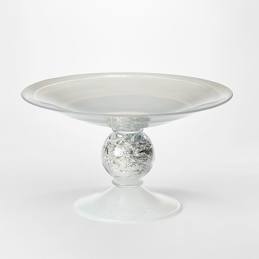 clear and milky white venetian inspired centrepiece with flared top and centre stem filled with silver leaf handblown from glass