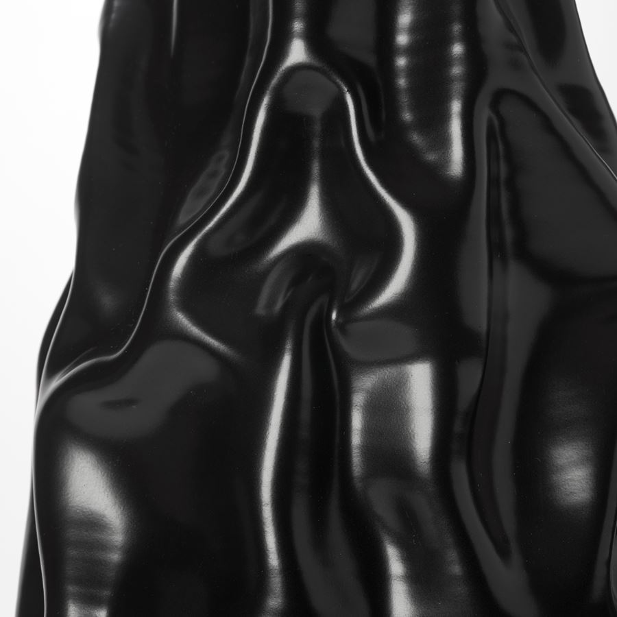tall satin black crumpled and wrinkled abstract vessel with distinct surface lines and crevasses hand made and thrown from clay