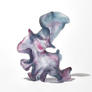 standing abstract organic pink and dark lilac purple sculpture with frilled edges and areas with scaled surface cut patterns hand made from cast glass