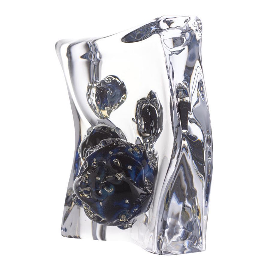 abstract art glass sculpture with tall clear glass sides and a round black glass blob in the centre