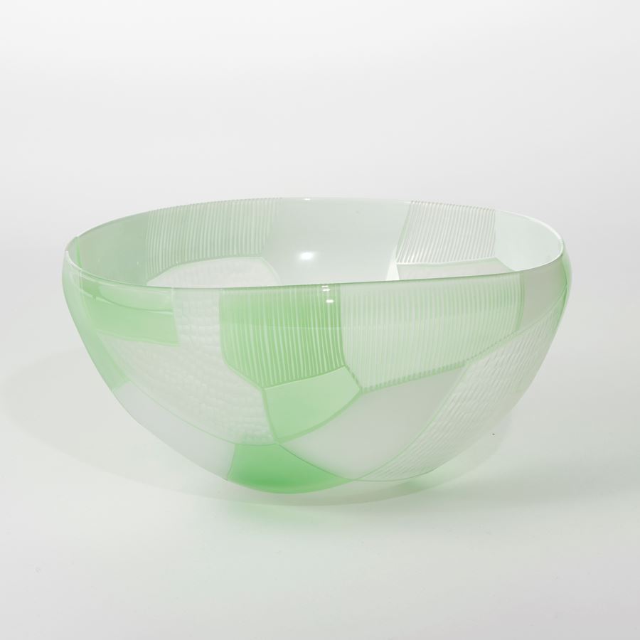 glass art bowl sculpture in green and white