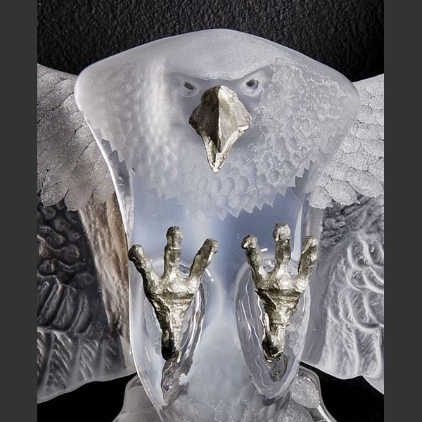 wall-mounted art glass sculpture of an eagle in white and gold