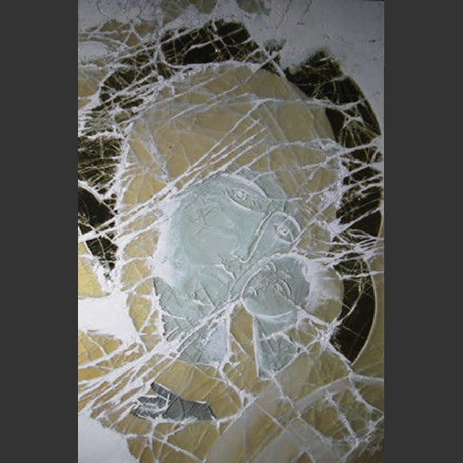 grey yellow and black art glass cancas faintly depicting jesus