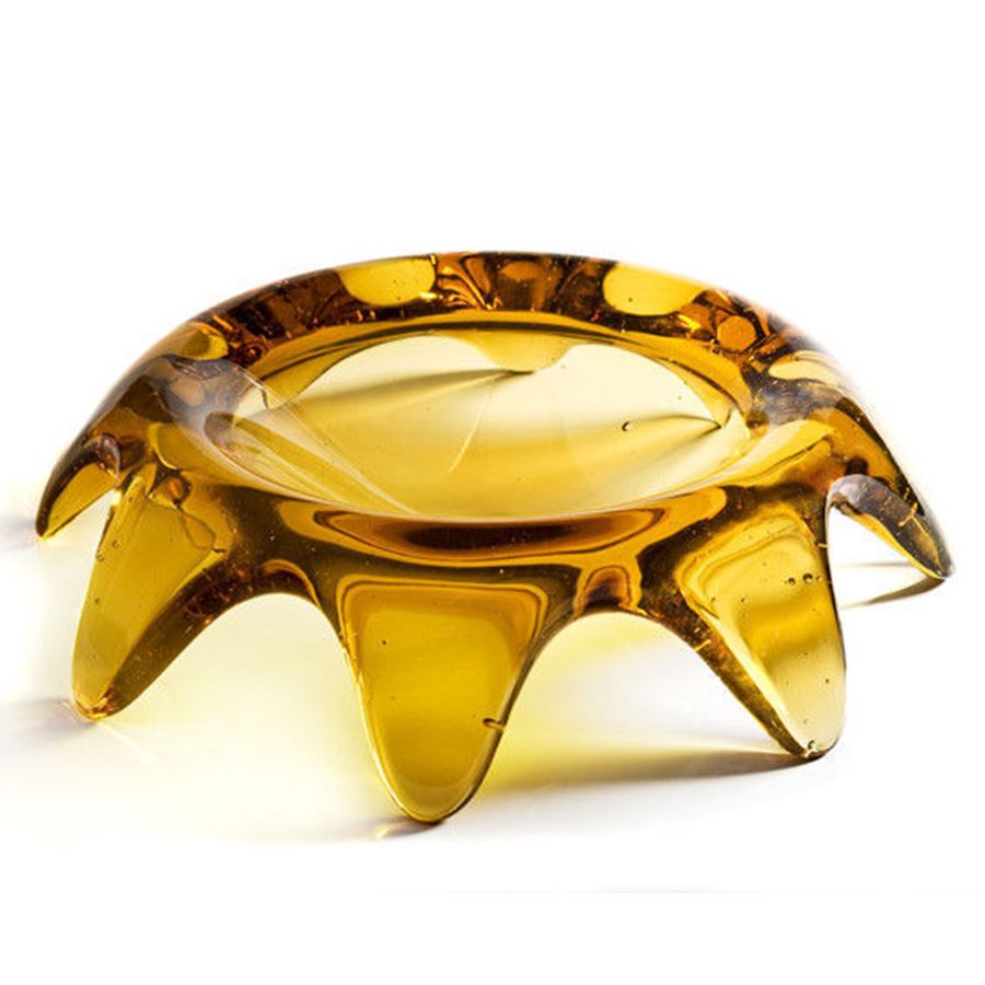 cold cast glass grandfather's bowl sculpture looking like upside down ashtray in amber