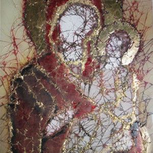 glass art canvas of faceless virgin mary and child in red and gold
