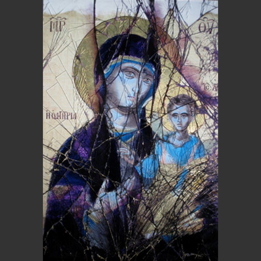 glass art canvas of virgin mary and child in dark purple and beige