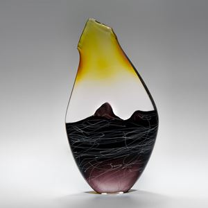 modern blown glass sculpture in yellow black clear and purple