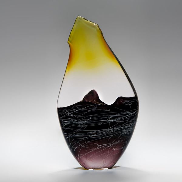 modern blown glass sculpture in yellow black clear and purple