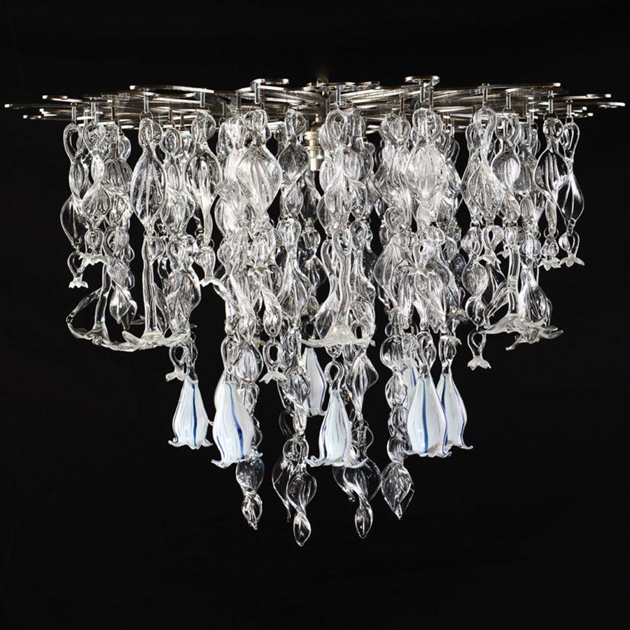glass chandelier made from flower shaped pieces on steel frame