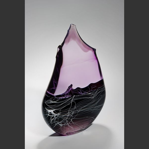 abstract teardrop shaped blown glass sculpture in pink and black swathes