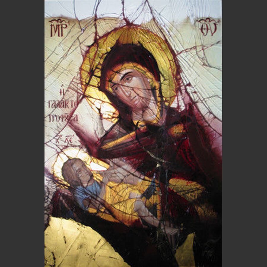 detailed and colourful modern art glass canvas of virgin mary and child in orthodox style
