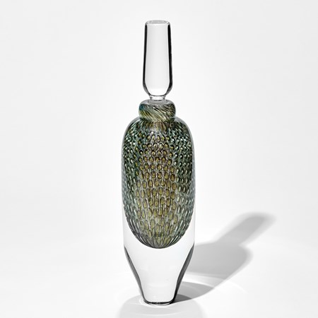 tall clear stoppered bottle with the middle covered in a dense murrine repeat pattern in grey celadon khaki olive and brown handmade from glass