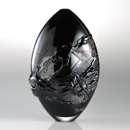 oval shaped black coloured art-glass vessel with external abstract pattern