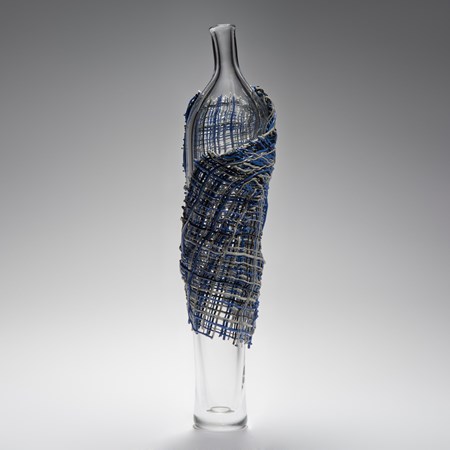 tall glass vase sculpted artwork wrapped in checked cloak made from glass cane