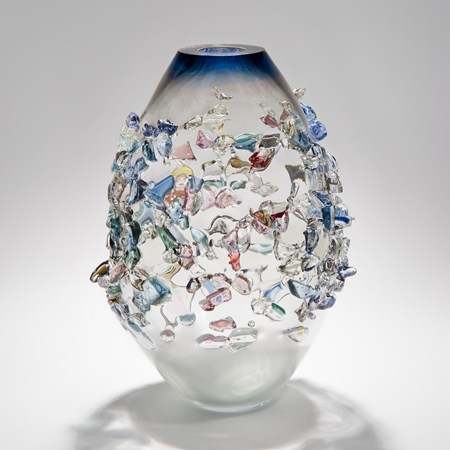 handblown art glass vase in clear and marine colours with external crystal decoration