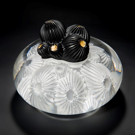 glass artwork of white star coral with round black berries in centre