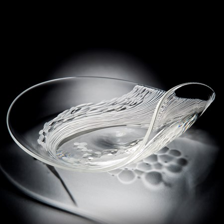 clear glass art platter in the shape of an oyster with engraving