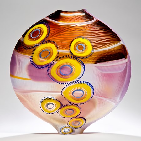short colourful art glass vase sculpture with elliptical shapes
