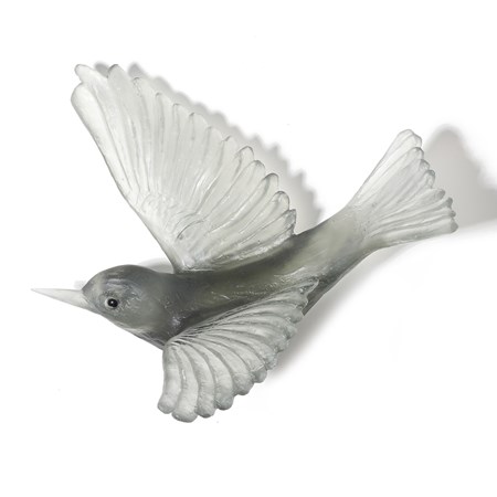 art glass sculpture of silvereye bird in grey