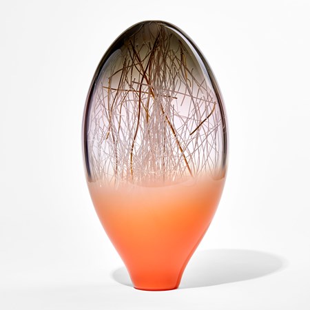 bright orange grey and clear glass standing ovoid sculpture handmade from glass with interior line detail