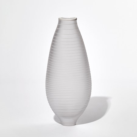 matt clear teardrop shaped handmade glass vase with raised white line circling from top to bottom
