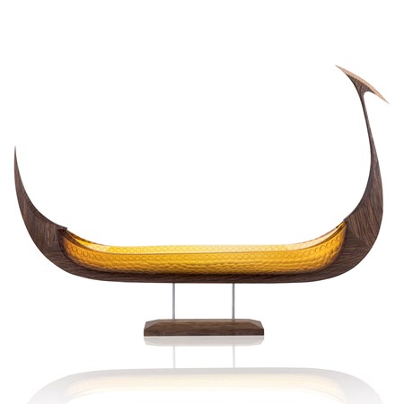 model of viking ship in gold glass and wood
