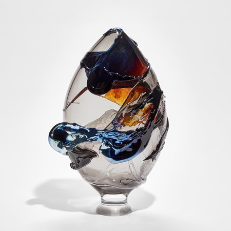 teardrop shaped glass vase in clear smoke blue amber glass with organic raised surface decoration