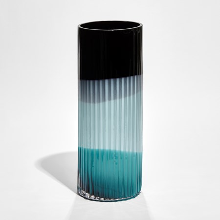 abstract banded in black turquoise and light blue ridged cylinder vase hand made from glass