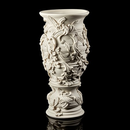 flared tall column shaped vase with banded ridges covered in organic swirls and floral motifs handmade from porcelain