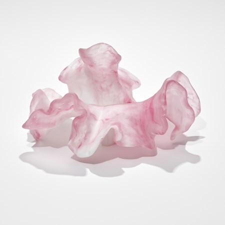 hand made and cast frilled coral like sculpture created from marbled transparent pink and opaque white glass