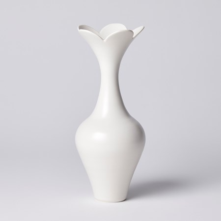 tall white vase with bulbous middle long neck and five scalloped flared rim hand made from porcelain