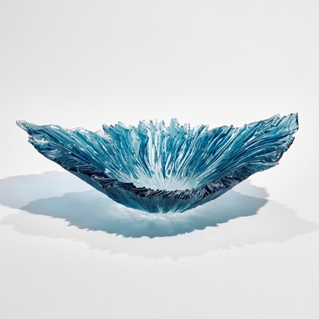 aqua blue and ice blue oval ridged sculptural bowl with raised ends and rippled interior hand made from glass