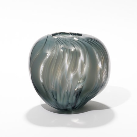 clear and dove grey glass vase with feathered soft surface pattern with an amorphic shape hand made from glass