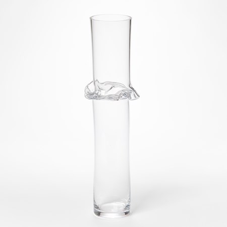 tall uneven clear cylindrical sculpture with flared and rippling waisted joint section hand blown from glass