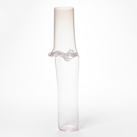 ethereal soft pink fading from transparent to slightly opaque tall cylinder with collapsed rippled waist section hand made from glass