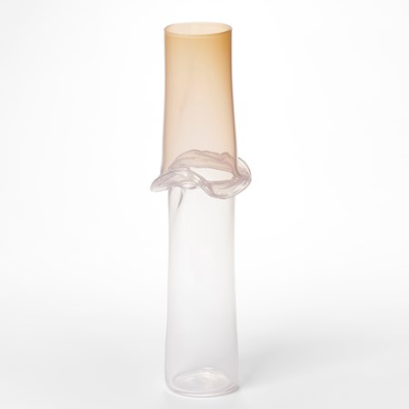 ethereal apricot and transparent sculptural cylinder with central ripping flared waist hand made from glass