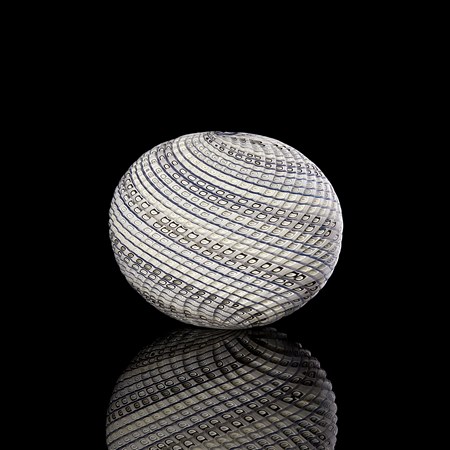 off white cream blue and soft green ovoid shaped vessel with spiralling lines in colour around the form and cut sections within the surface hand made from glass