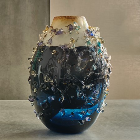 midnight blue body with soft milky cappuccino opaque top sculptural vase with multicoloured shards on the surface handmade from glass