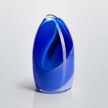 soft bullet shaped handblown clear glass vase with small top opening and abstract soft wide curled bands of colour in blue lilac and green